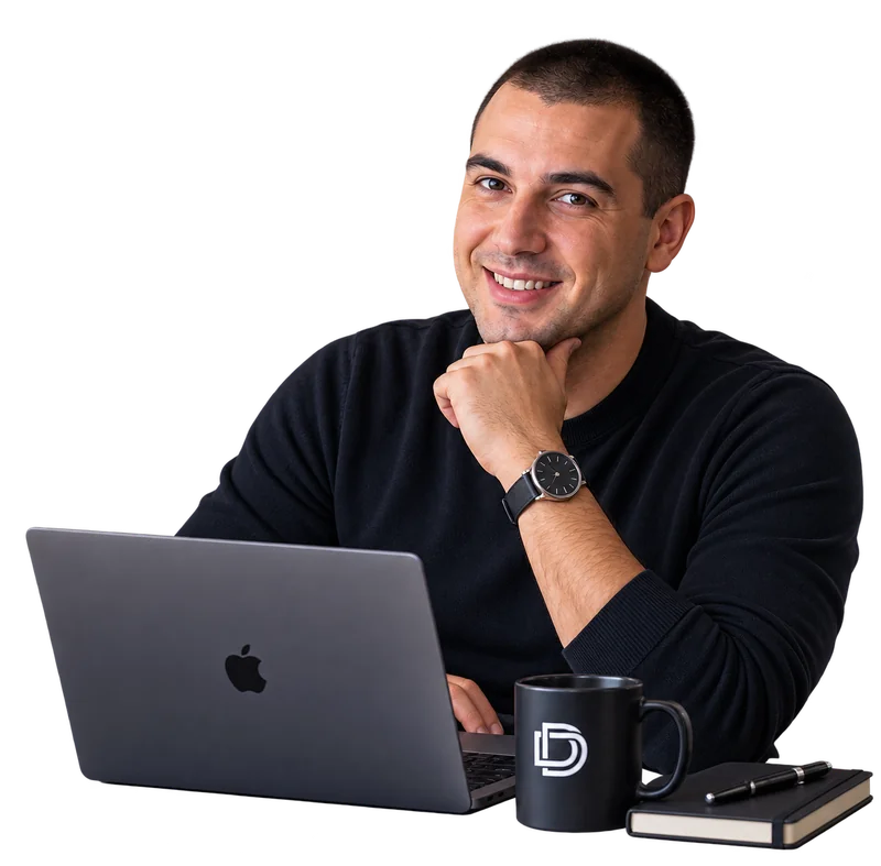 Damir at his laptop with his DamirT coffee mug